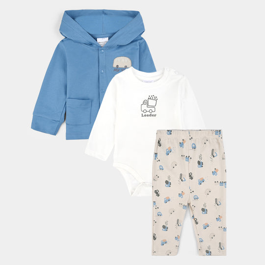 Infant Boys Cotton Interlock 3 PC Set-Blue/White/Beige