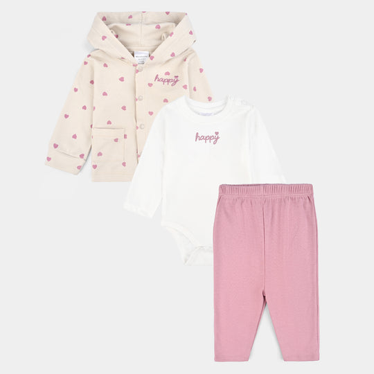 Infant Girls Cotton Interlock 3 PC Set-Pink/White/Beige