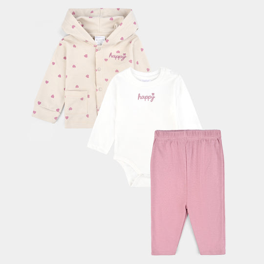 Infant Girls Cotton Interlock 3 PC Set-Pink/White/Beige