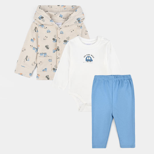 Infant Boys Cotton Interlock 3 PC Set-Pink/White/Beige