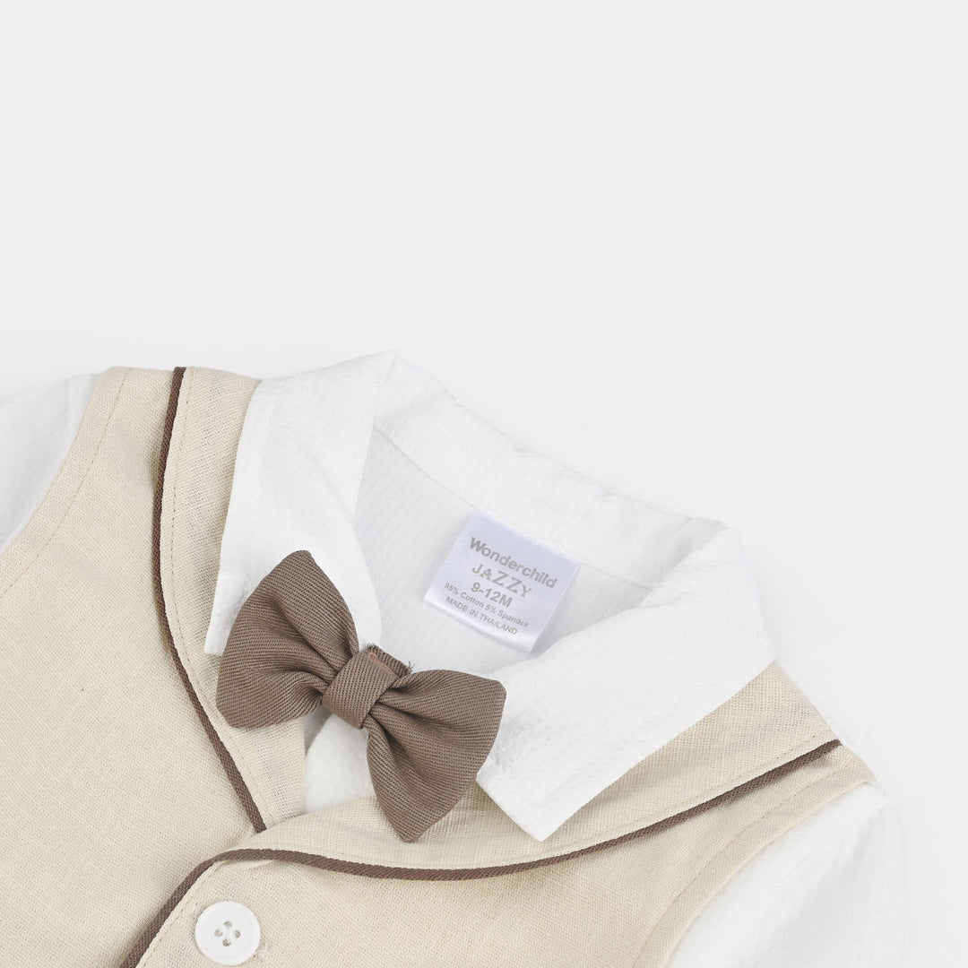 Infant Boys Cotton Interlock Suit-Beige/White