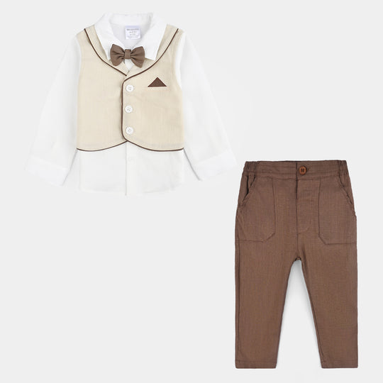 Infant Boys Cotton Interlock Suit-Beige/White