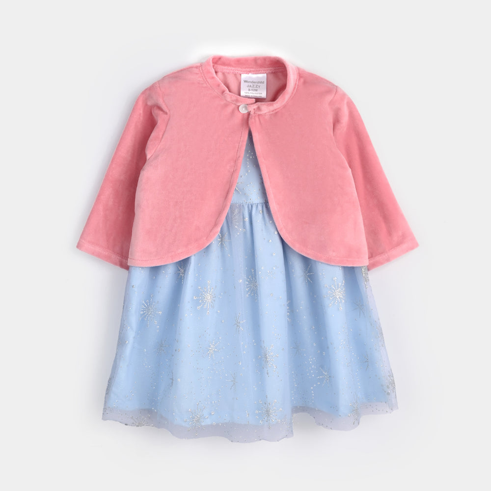 Infant Girls Cotton Interlock Frock Fancy Suit-Blue/Pink