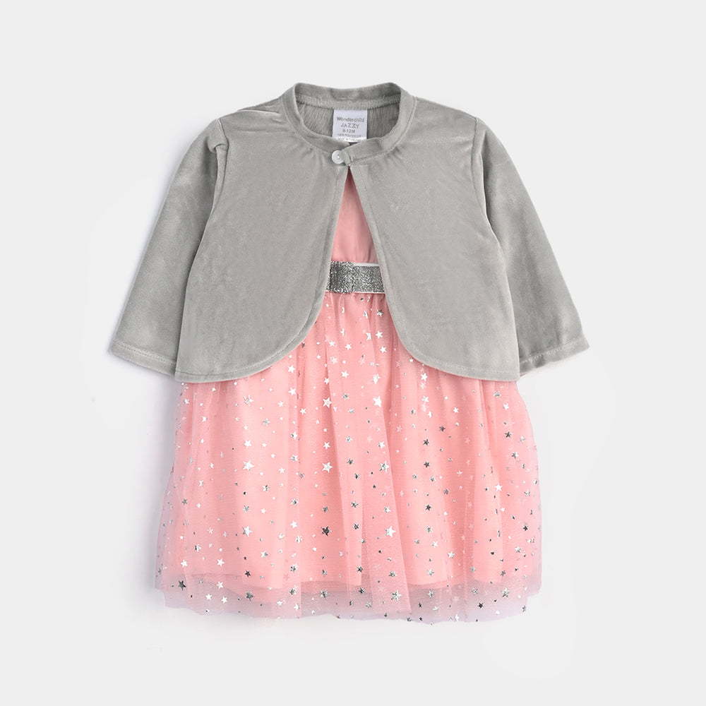 Infant Girls Cotton Interlock Frock Fancy-Grey/Pink