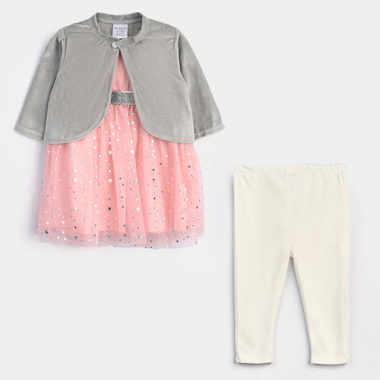 Infant Girls Cotton Interlock Frock Fancy-Grey/Pink