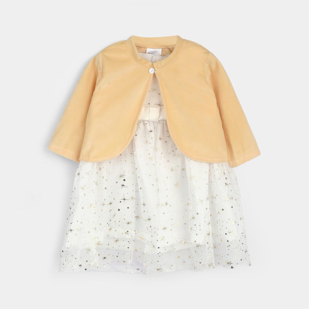 Infant Girls Cotton Interlock Frock Fancy Suit-Yellow/White