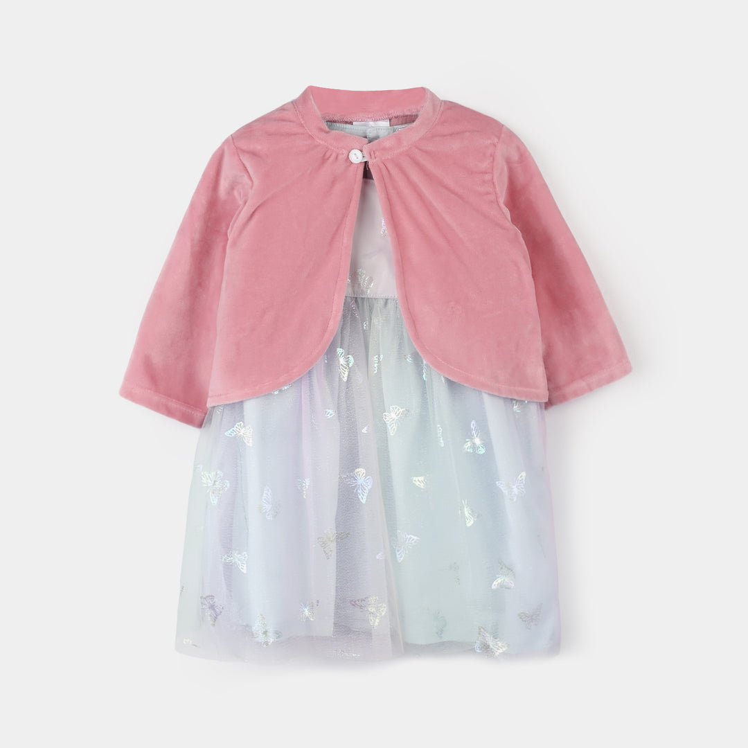 Infant Girls Cotton Interlock Frock Fancy Suit-Multi/Pink