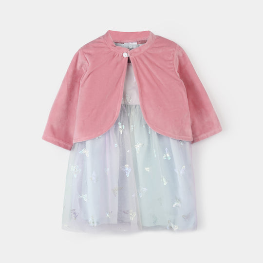 Infant Girls Cotton Interlock Frock Fancy Suit-Multi/Pink