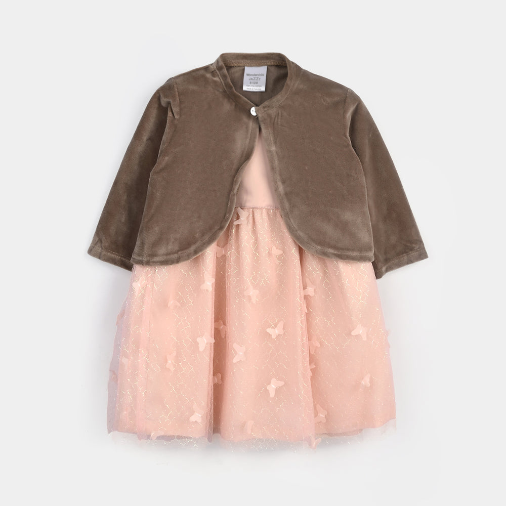 Infant Girls Cotton Interlock Frock Fancy Suit-Peach/Brown