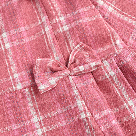 Girls Cotton Casual Frock Pink Check-PINK