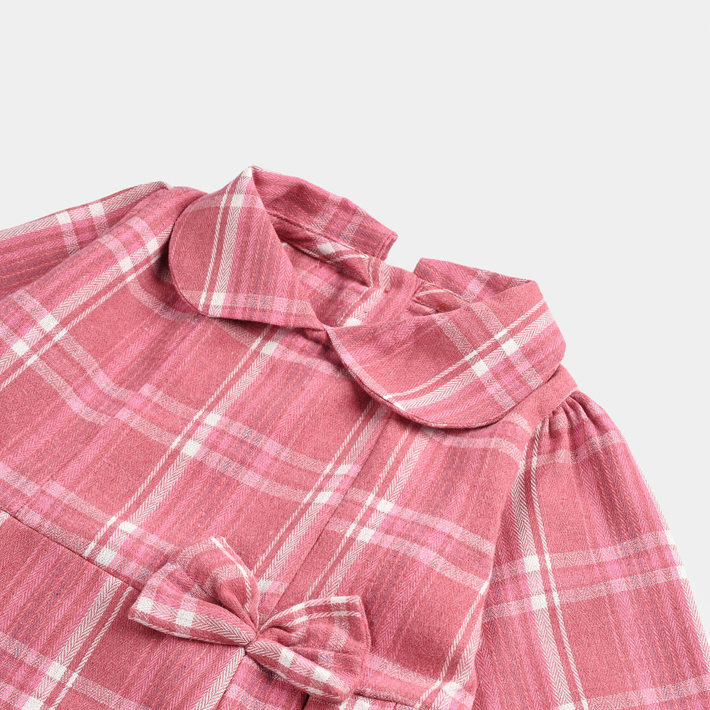 Girls Cotton Casual Frock Pink Check-PINK