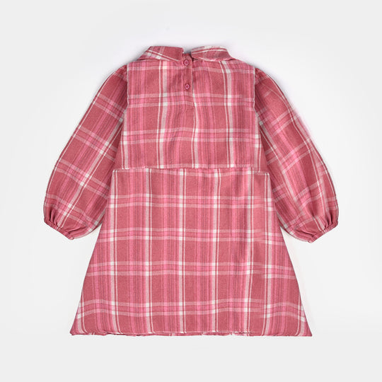 Girls Cotton Casual Frock Pink Check-PINK