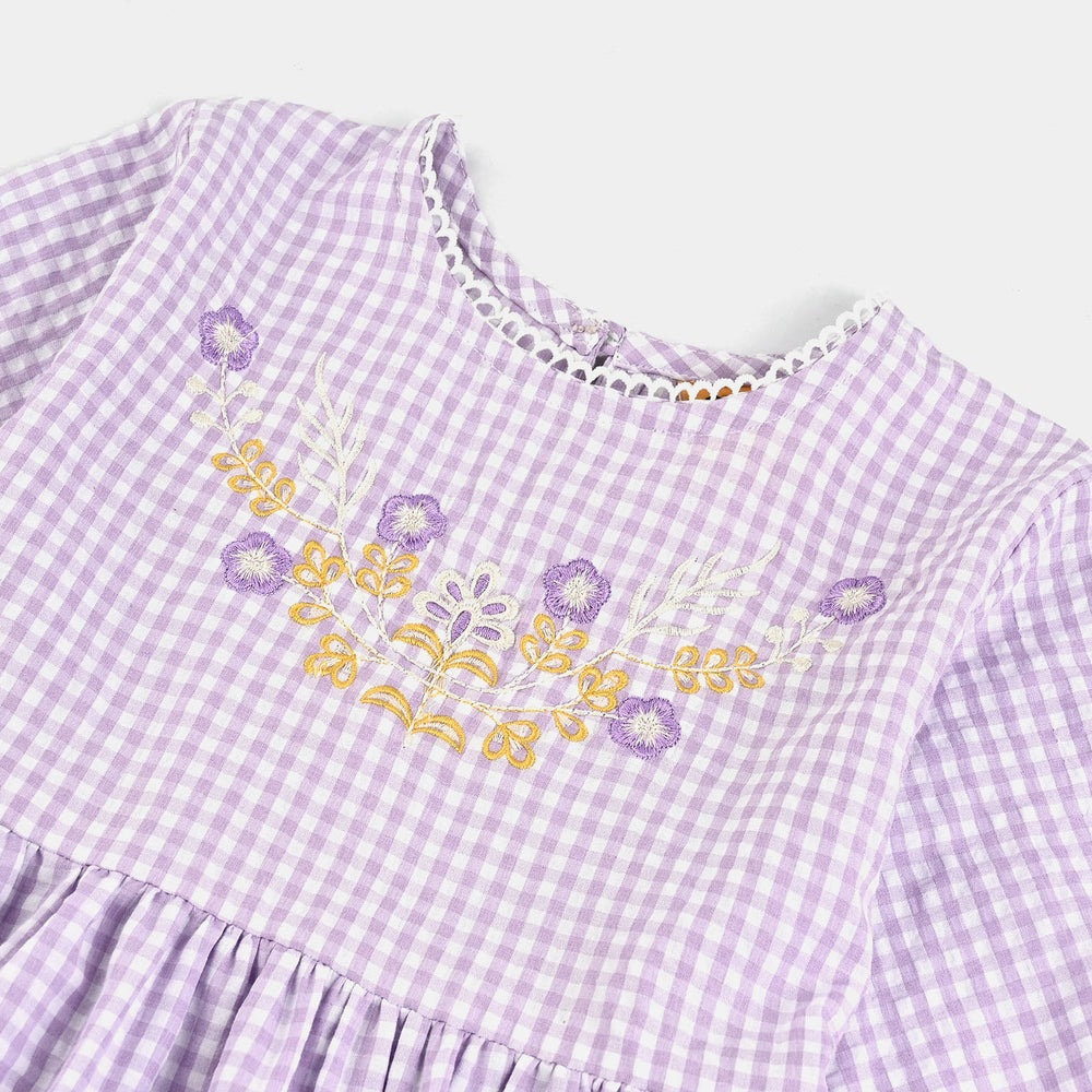 Girls Poly Jersey Emb Top Flowers Checks-Purple