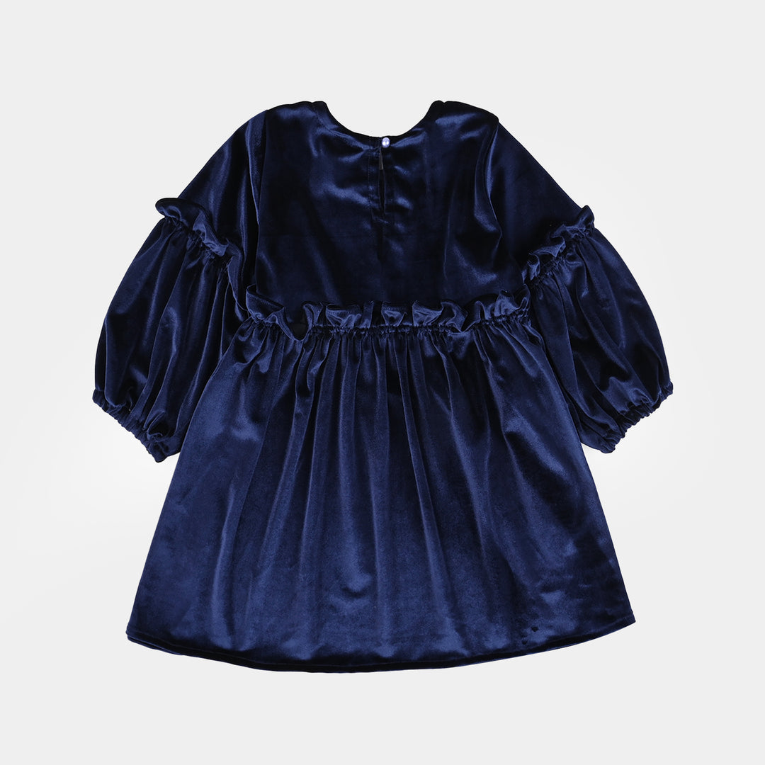 Girls Velvet Casual Frock Ocean-Navy Blue