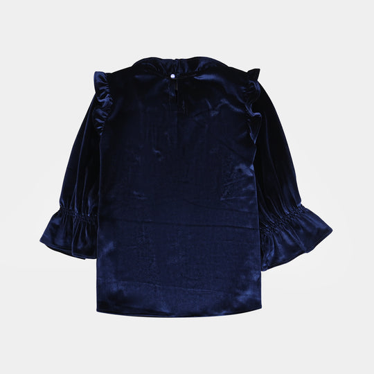 Girls Velvet Emb Top Pearls-Navy Blue