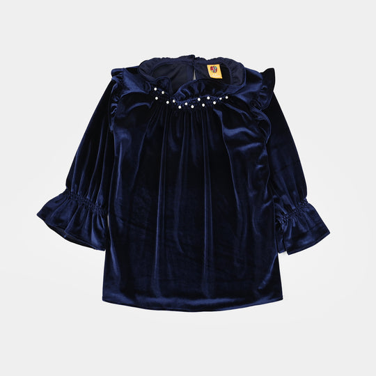 Girls Velvet Emb Top Pearls-Navy Blue