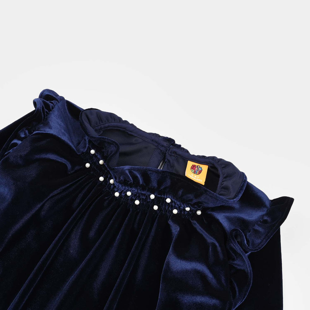 Girls Velvet Emb Top Pearls-Navy Blue