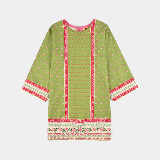 Girls Cotton Poplin Printed Kurti Desi Green