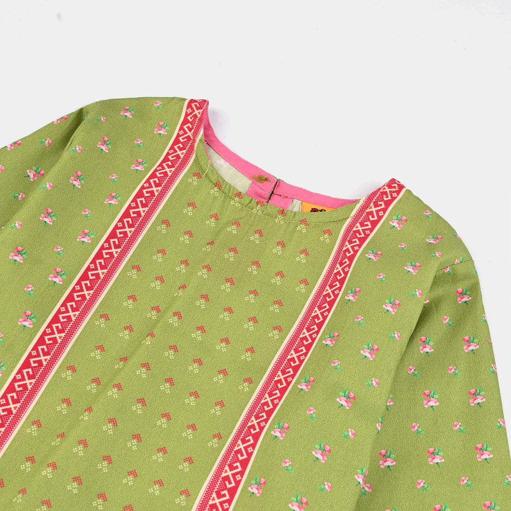 Girls Cotton Poplin Printed Kurti Desi Green