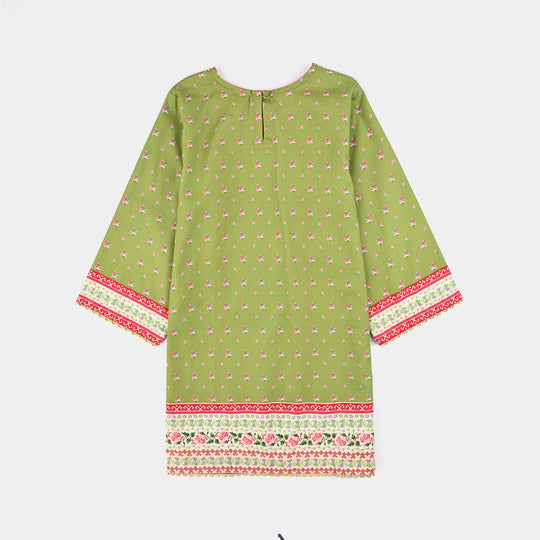 Girls Cotton Poplin Printed Kurti Desi Green