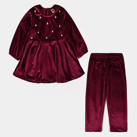 Girls Velvet Co-Set Maroon Love-MAROON