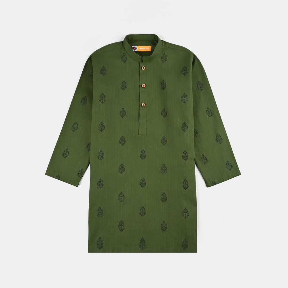 Boys Cotton Slub Kurta Pajama (Elm Green)-GREEN
