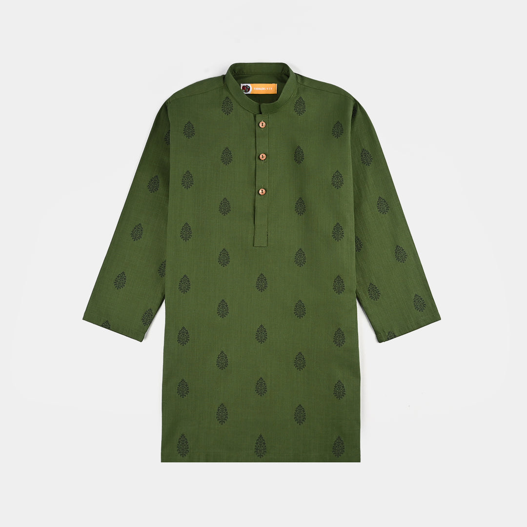 Boys Cotton Slub Kurta Pajama (Elm Green)-GREEN