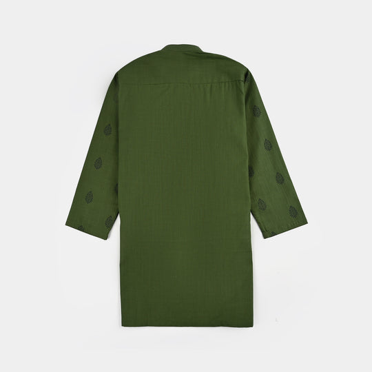 Boys Cotton Slub Kurta Pajama (Elm Green)-GREEN