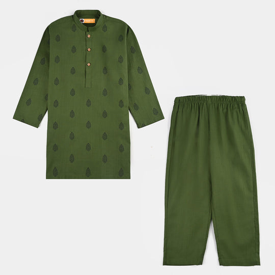Boys Cotton Slub Kurta Pajama (Elm Green)-GREEN