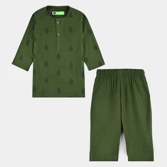 Infant Boys Cotton Slub Kurta Pajama (Elm Green)-GREEN
