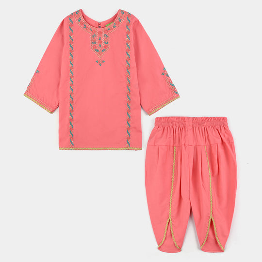 Infant Girls Cotton Poplin Emb 2Pcs Rani-Peach
