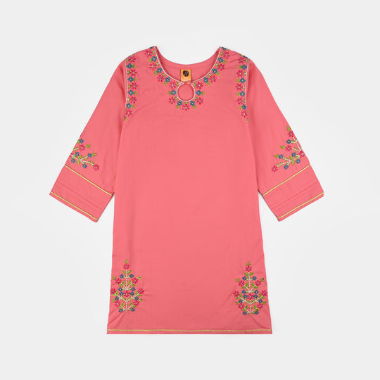 Girls Cotton Poplin Emb Kurti Jugnu-Peach