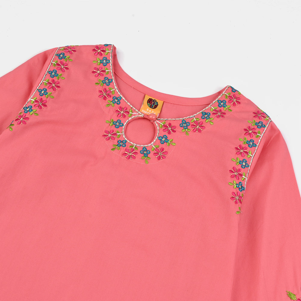 Girls Cotton Poplin Emb Kurti Jugnu-Peach