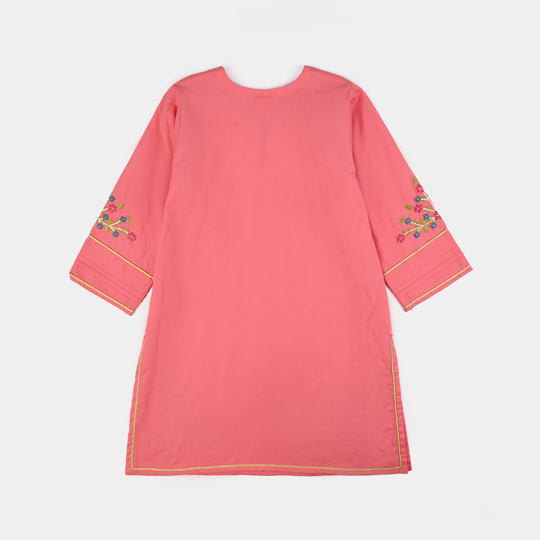 Girls Cotton Poplin Emb Kurti Jugnu-Peach