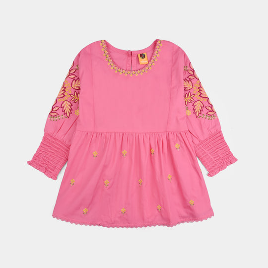 Girls Cotton Poplin Emb Top Pink Candy-Shock.Pink