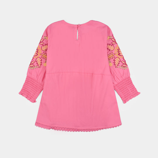 Girls Cotton Poplin Emb Top Pink Candy-Shock.Pink