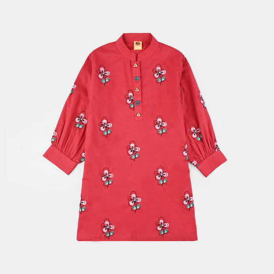 Girls Cotton Poplin Emb Kurti Flower Bunch-MAROON