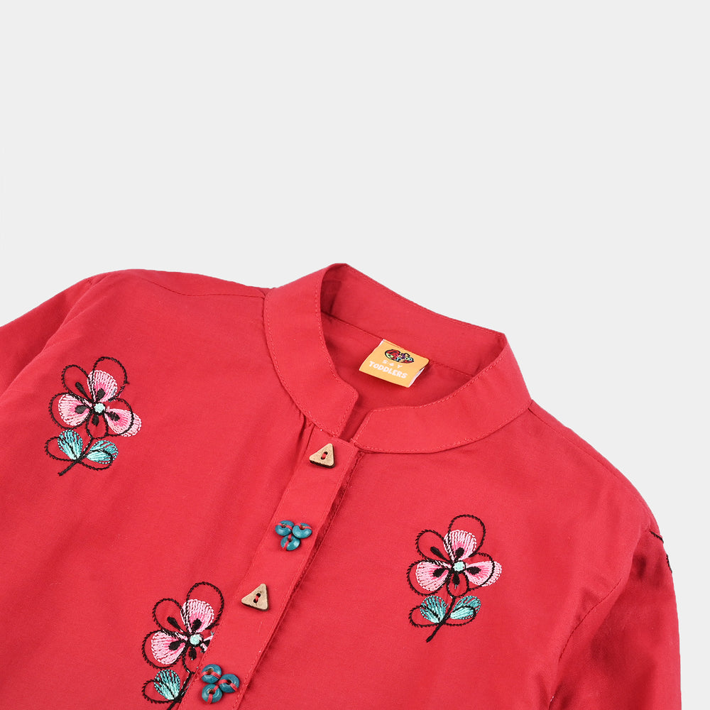 Girls Cotton Poplin Emb Kurti Flower Bunch-MAROON