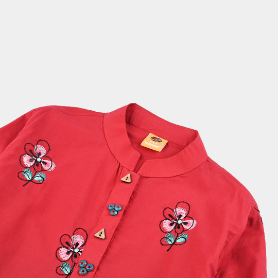 Girls Cotton Poplin Emb Kurti Flower Bunch-MAROON