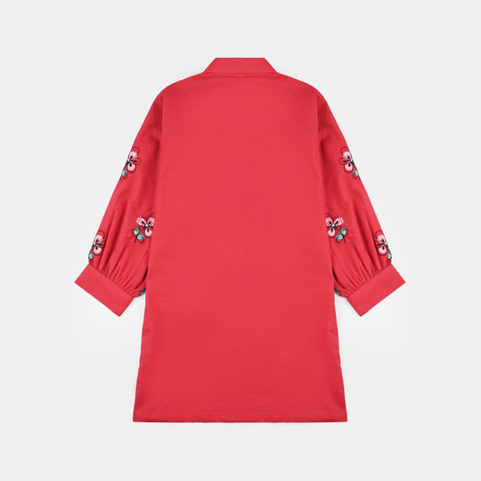 Girls Cotton Poplin Emb Kurti Flower Bunch-MAROON