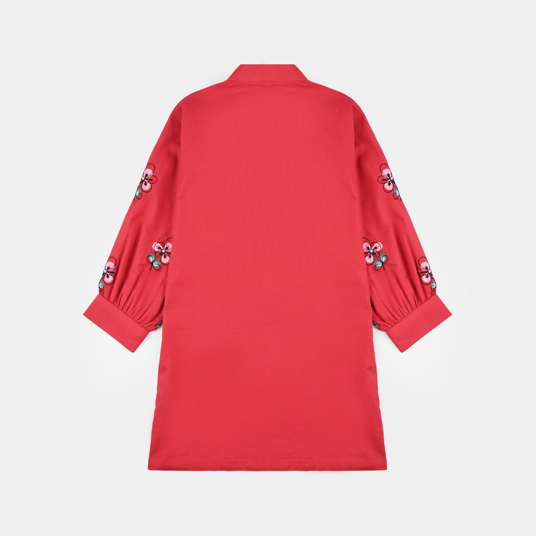 Girls Poplin Embroidered Kurti Flower - Red