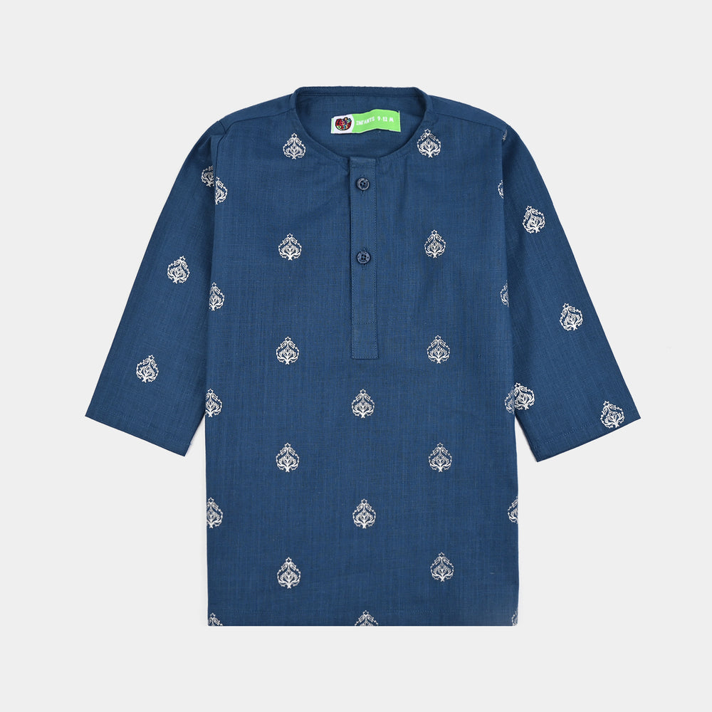 Infant Boys Cotton Slub Kurta Pajama (Tone on Tone)-Blue.Opal