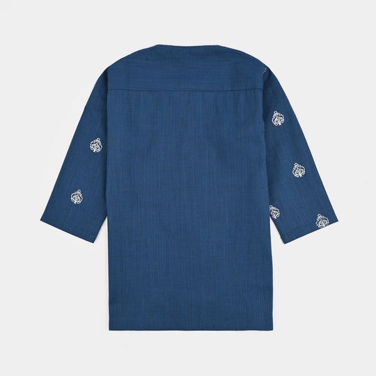 Infant Boys Cotton Slub Kurta Pajama (Tone on Tone)-Blue.Opal