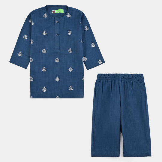 Infant Boys Cotton Slub Kurta Pajama (Tone on Tone)-Blue.Opal