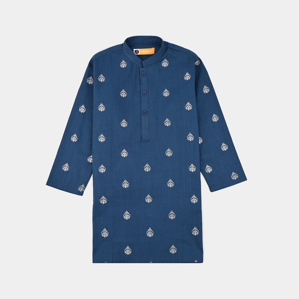 Boys Cotton Slub Kurta Pajama (Tone on Tone)-Blue.Opal