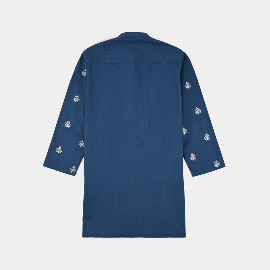 Boys Cotton Slub Kurta Pajama (Tone on Tone)-Blue.Opal