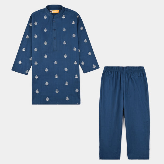 Boys Cotton Slub Kurta Pajama (Tone on Tone)-Blue.Opal