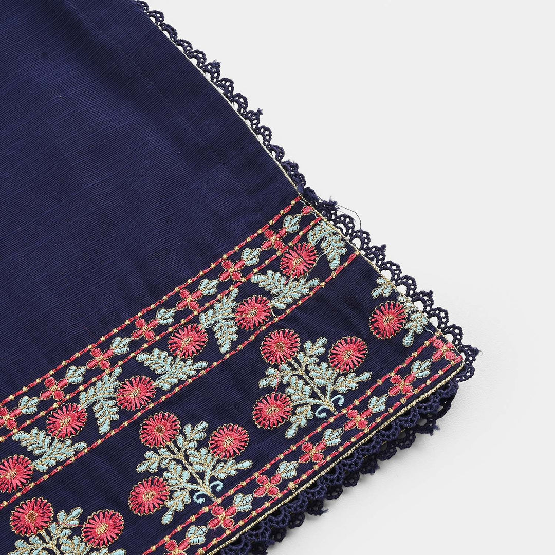 Girls Cotton Slub Emb 2Pcs Roshni-Navy Blue