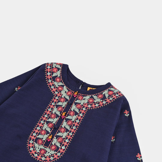 Girls Cotton Slub Emb 2Pcs Roshni-Navy Blue