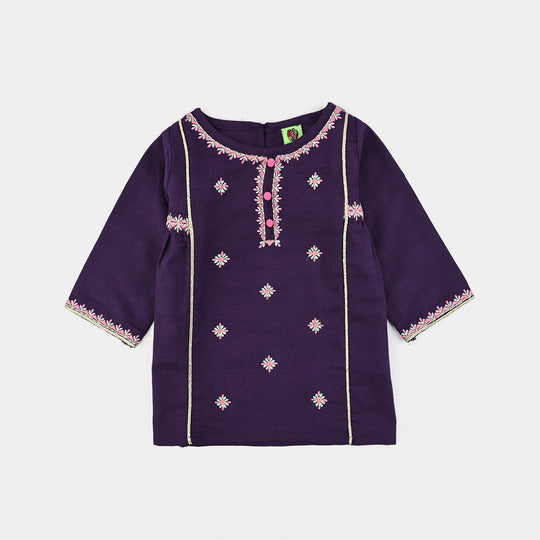 Infant Girls Cotton Slub Embroidered Kurti - Purple